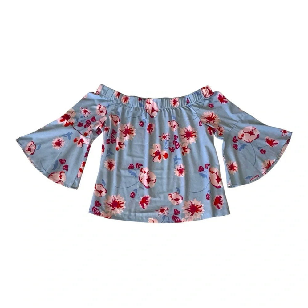 Mud Pie Blue Floral Off The Shoulder Bell Sleeve Blouse Large - Picture 3 of 10